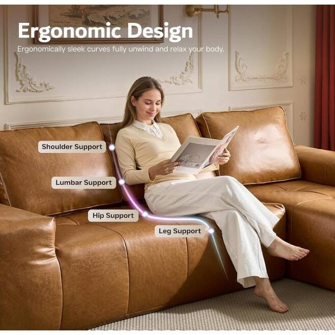 Brown Faux Leather L-Shaped Sectional Sofa with Chaise, Deep Seat Cloud Couch - No Assembly Required