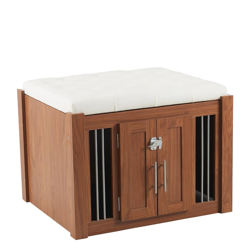 ‌30.25"L 2-in-1 Walnut Dog Crate with Padded Seat & Barn Door, Doubles as Ottoman with Removable Cushion.