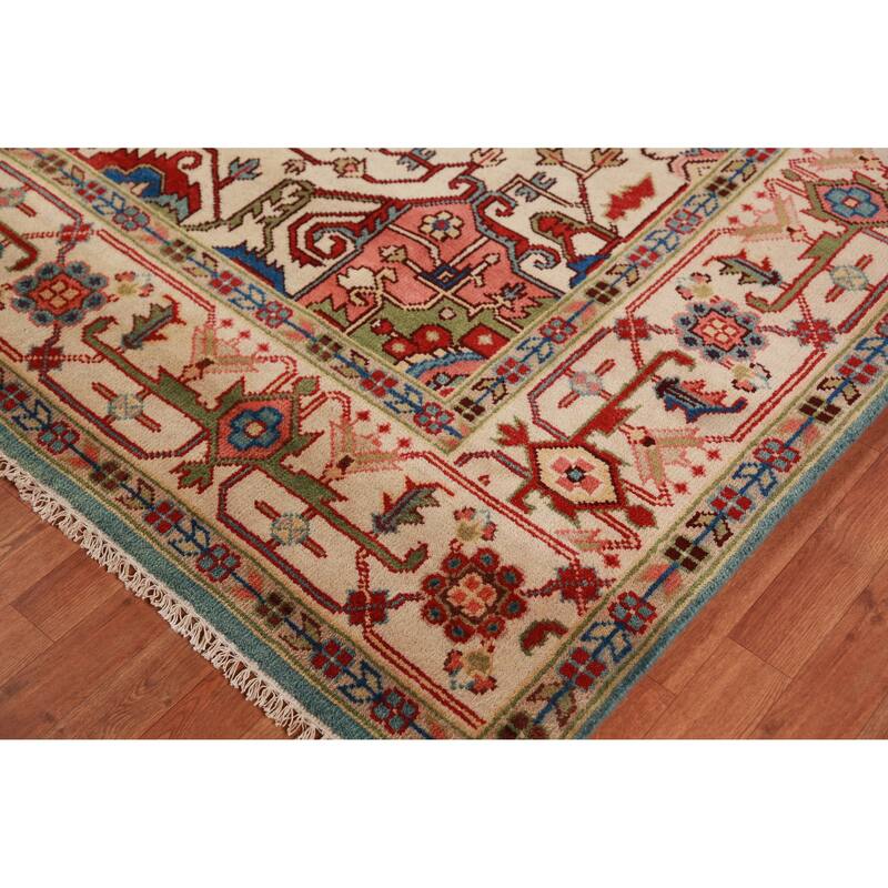 Light Blue Geometric Heriz Serapi Indian Area Rug Handmade Wool Carpet - 8'10"x 11'10"