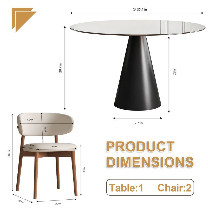 3 Piece Dining Set Round Glass Top Table Carbon Steel Base 4 Chairs for Small Spaces