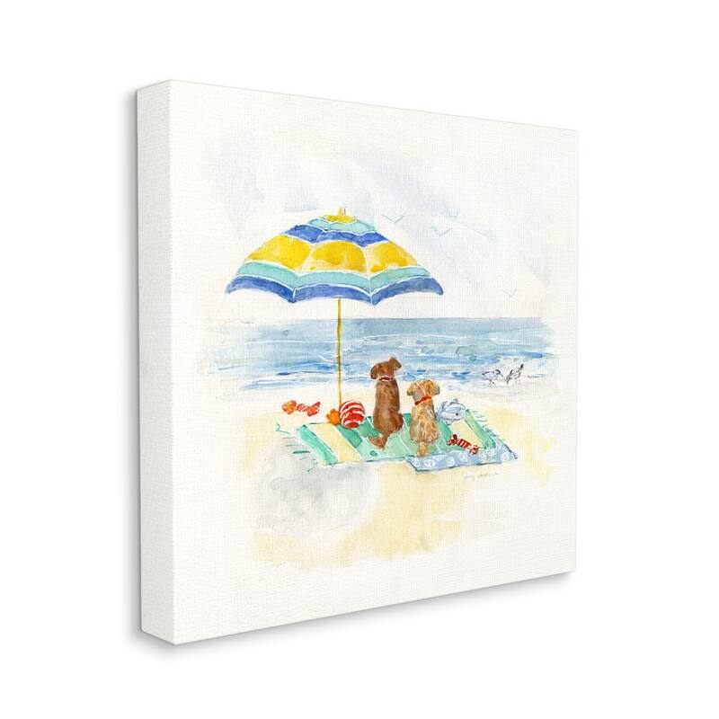 Stupell Cute Playful Dogs Relaxing Beach Umbrella Shoreline Painting Canvas Wall Art