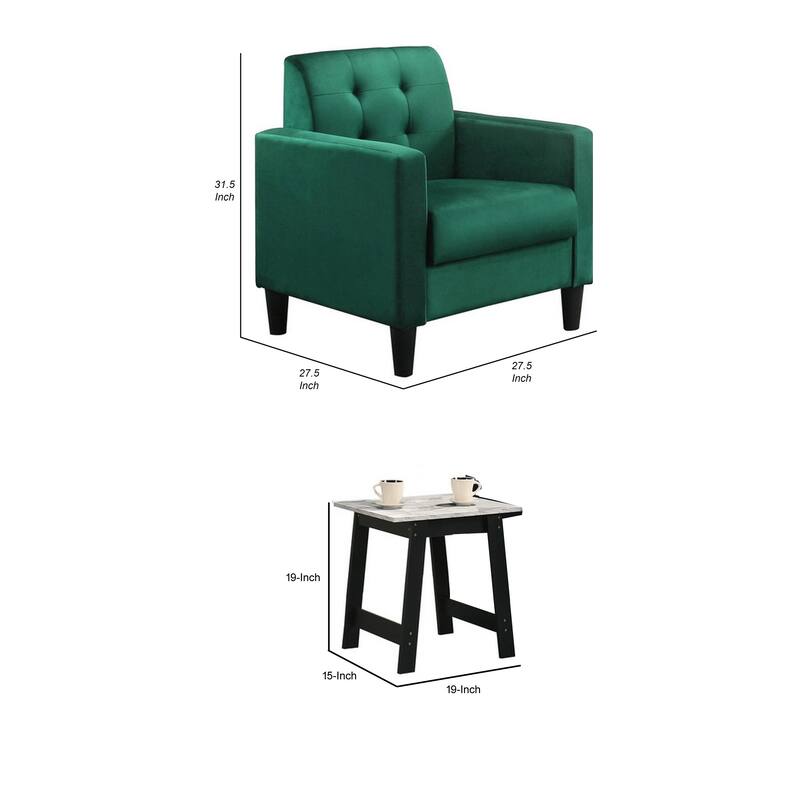 Oz Living Room Set with 2 Velvet Armchairs, Wood Accent End Table, Green