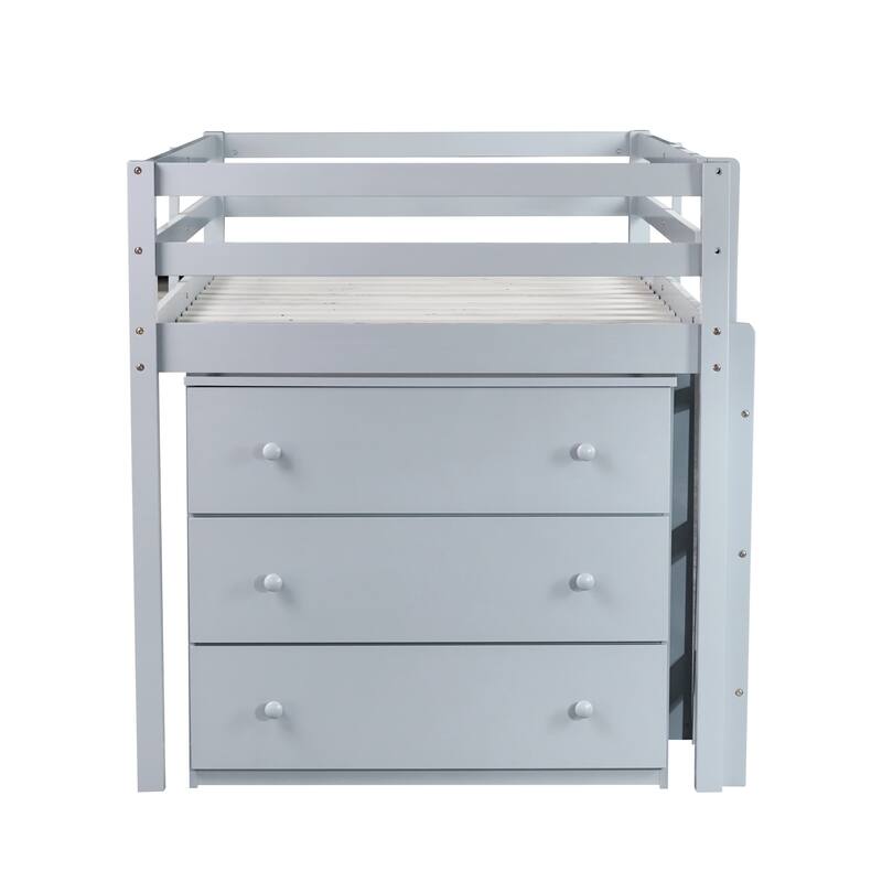 Twin Rubber Wood Loft Bed with Drawer Cabinet, Shelf,Pulling -Out Desk