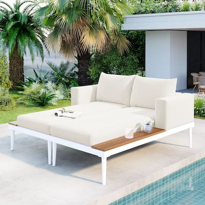 Modern Outdoor Daybed Patio Metal Daybed with Wood Topped Side Spaces for Drinks, 2 in 1 Padded Chaise Lounges for Poolside