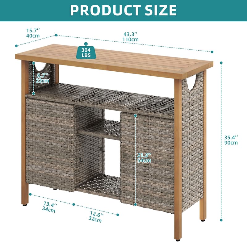 Moasis 43" Wicker Outdoor Bar Table,All-Weather Patio Sideboard with Adjustable Shelves