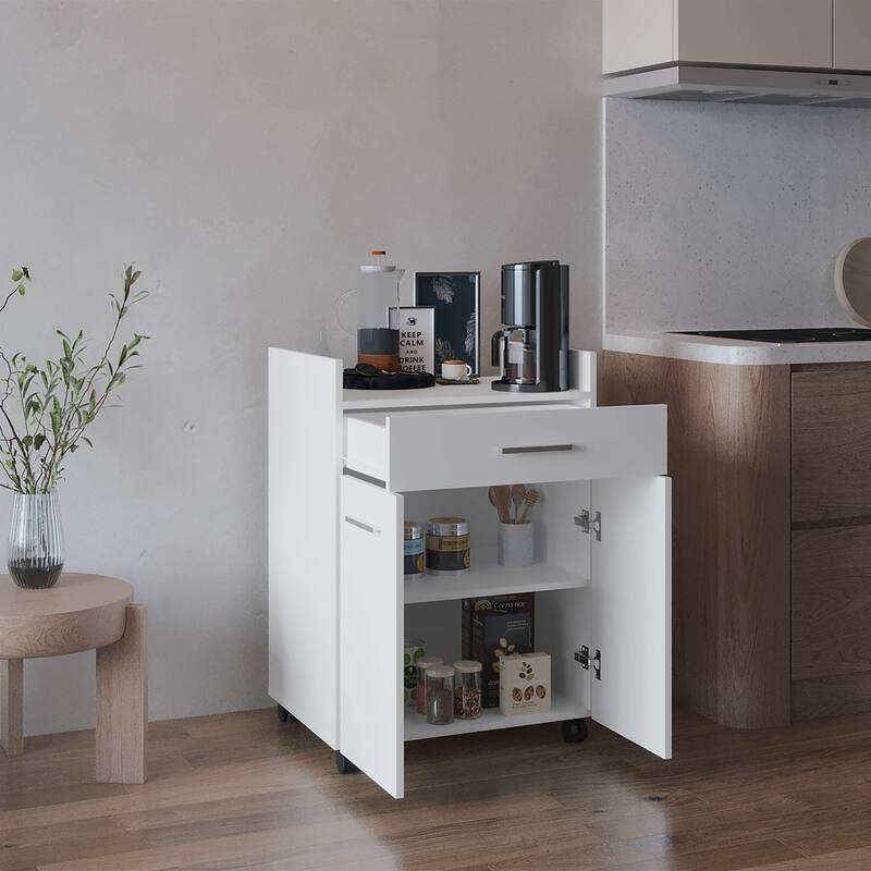 Kitchen Cart, 2 Doors, 1 Drawer, 4 Wheels, 2 Shelves, White with durable engineered wood construction