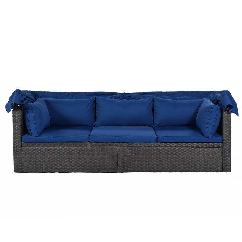 Patio Daybed wRetractable Canopy Bed Sectional Seating Set w2 Ottomans