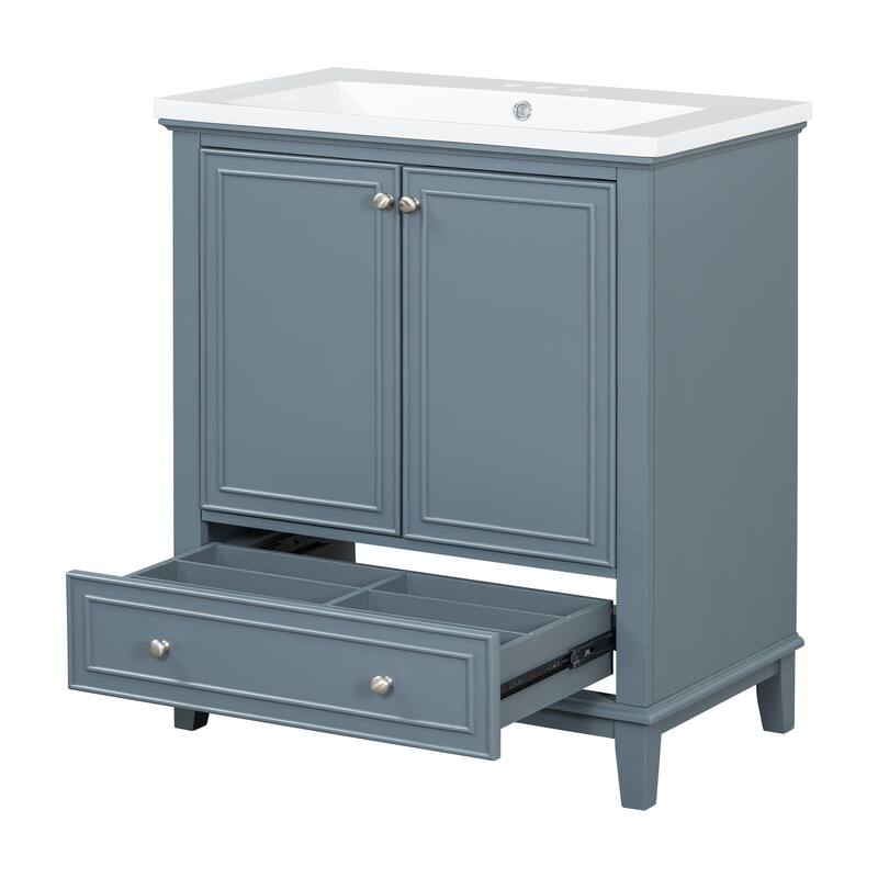 Bathroom Vanity with Ceramic Sink, Solid Wood & MDF Base, 1 Drawer & 2 Doors, Adjustable Shelf - 30in L Solid Wood+MDF
