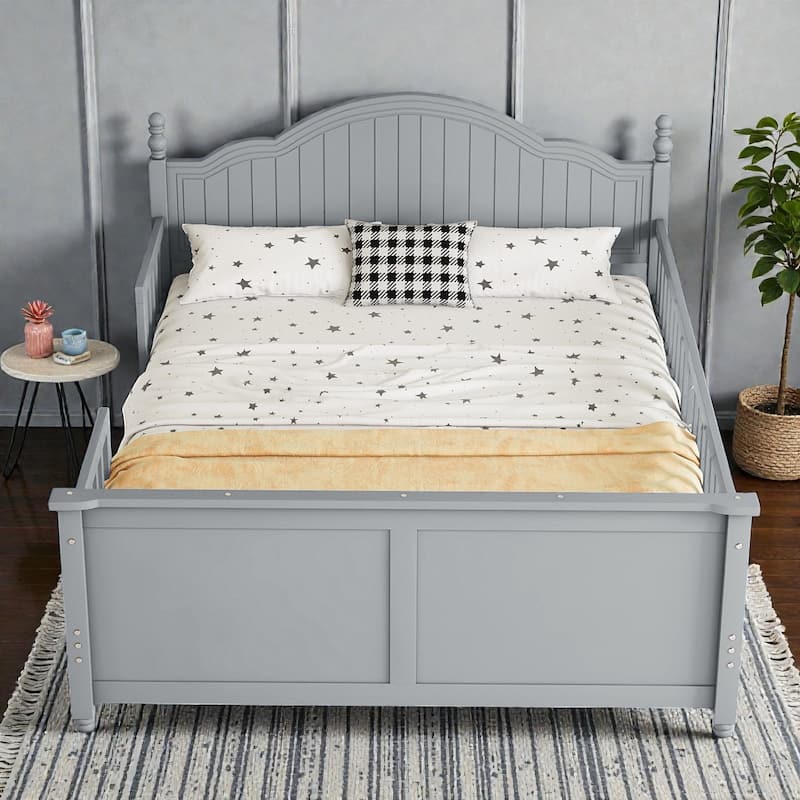 Kids Wooden Platform Bed with Safety Guardrails, Low Profile Bed with Headboard and Footboard