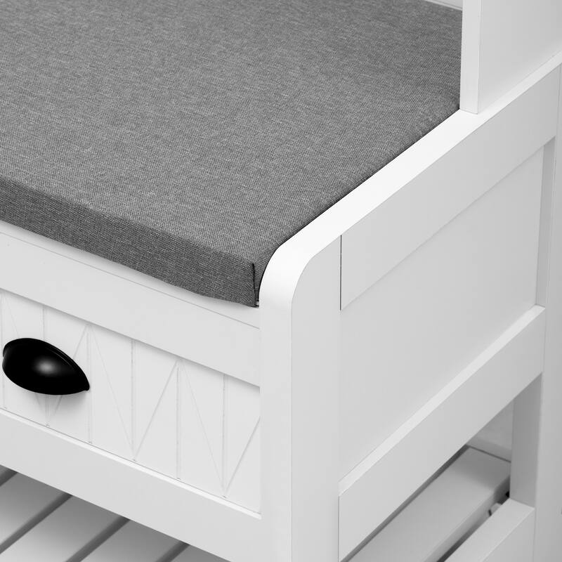 Coat Rack with Shoe Storage, Storage Bench with 6 Hooks and Hinged Lid, Entryway Bench with 2 Drawers and Cushioned