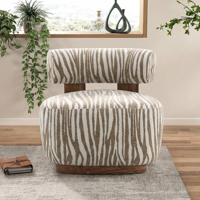 Rossetta Zebra-Striped Chenille Fabic Low Cylindrical Backrest Armchair with High-Quality Foam Cushion - Beige