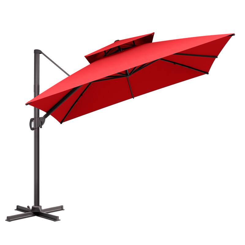 VredHom Double Top 10x10 FT Square Patio Cantilever Umbrella with Cross Stand - Red