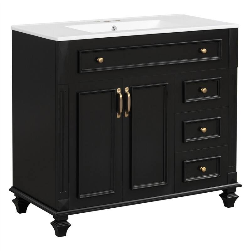 36" Bathroom Vanity with Ceramic Sink, Freestanding Bathroom Vanity Cabinet with Flip-Out Drawer, 3 Drawers & 2 Soft-Close Doors
