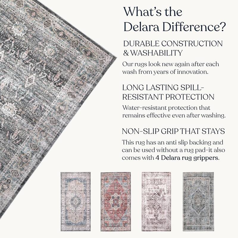 Delara Machine Washable Area Rug, Soft & Durable, Non-Slip Backing, Eco- Friendly GRS certified.