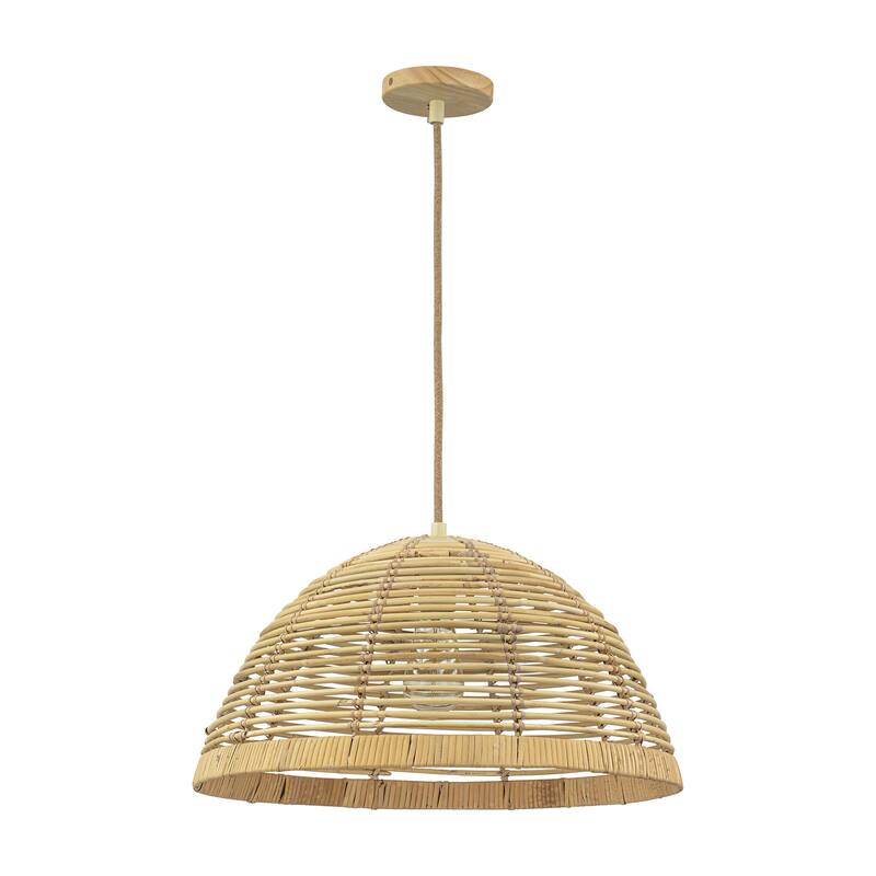 1-Light Farmhouse Rustic Dome Rattan Pendant Light for Kitchen Island - 19.4 in. W x 11 in. H
