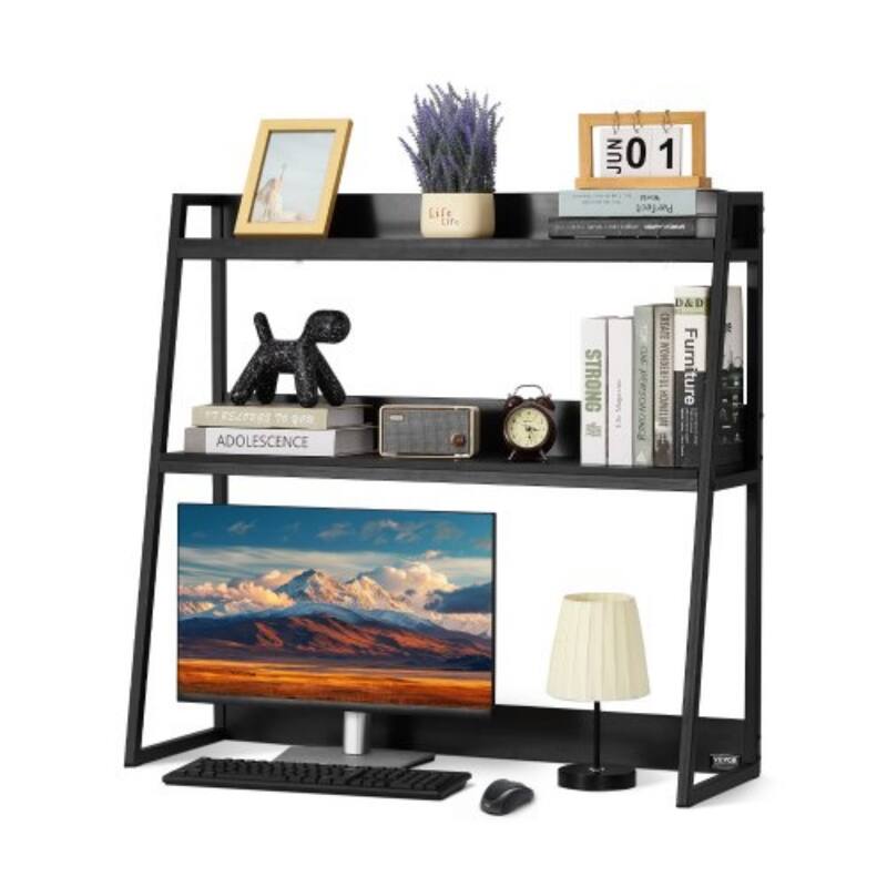 Particle Board Desktop Bookshelf Hutch, 2 Shelves, Anti-Slip Feet Pads - 37.4" L x 12.6" W x 35.4" H