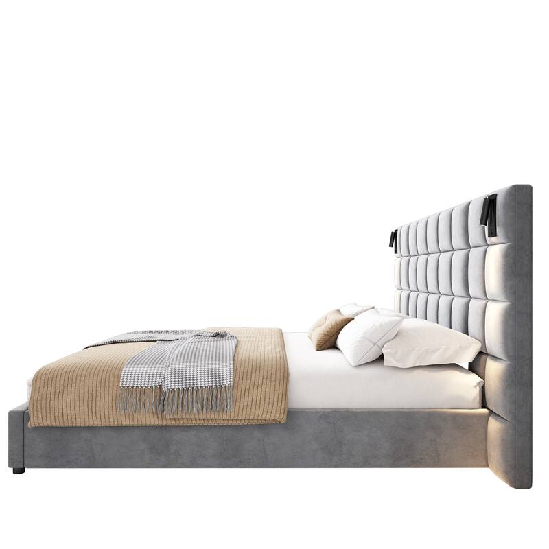 California King Size Upholstered Bed Frame,With Wall Sconce and USB Port, Wide Headboard, Velvet, Gray