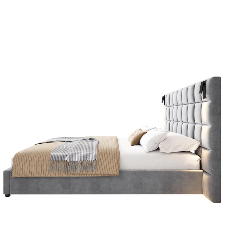 Christopher Knight Home Modern Upholstered Velvet Platform Bedframe & Headboard with Lamps and USB Ports, Grey