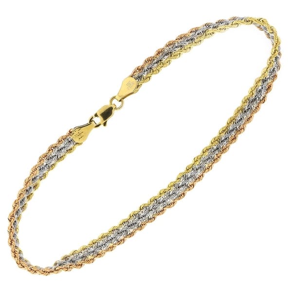Shop Mcs Jewelry Inc 10 Karat Tricolor Yellow Gold Rose Gold And White Gold Three Row Rope Bracelet 7 5 Inches Overstock 17767407