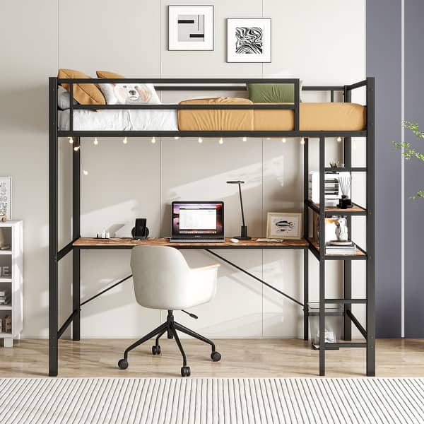 slide 2 of 12, Twin Loft Bed w/L-Shaped Desk, Shelves, Charging Station, LED Lights, Safety Guard, No Box Spring Needed (Brown Wood). Black