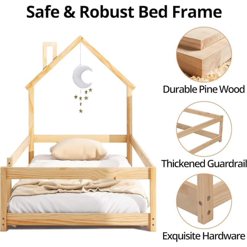 Twin Size House-Shaped Headboard Floor Bed with Fences