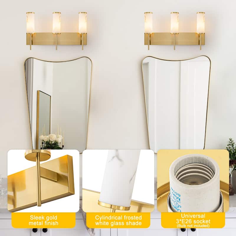 3-Light Gold Vanity Light Cylindrical Marble Crackle Glass Shades