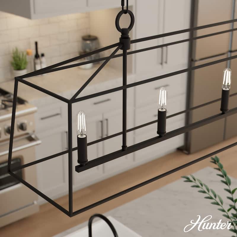 Hunter Fair Oaks 4-Light Linear Chandelier - Dining Room, Island - Modern, Transitional, Lantern, Geometric - Designer! - Flat Matte Black