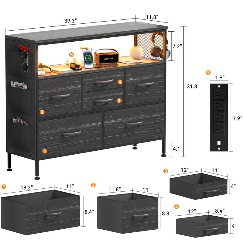 Dresser for Bedroom TV Stand with Power Outlets and LED Light, 6 Dresser with Shelves for 45" TV, PU Finish