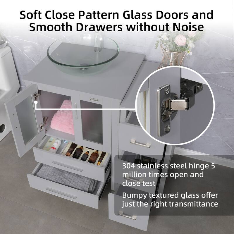 36" Bathroom Vanity Sink Gray Set with Side Cabinet Vessel Sink Mirror Faucet Combo
