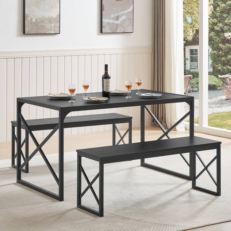 VECELO 3-pieces Dining Table with Bench, Dinning Room Table Set for 4-6, Kitchen Table with 2 Benches Dining Table Set - 55 Inch - Black