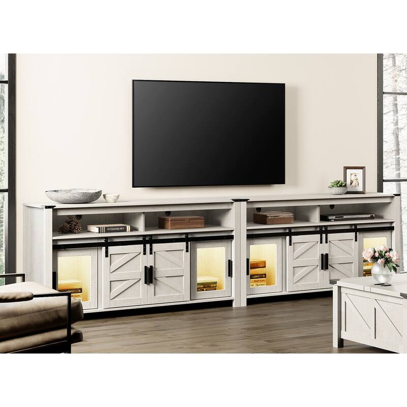 Highboy TV Console with LED Lights, Farmhouse & Industrial, 59 Inch - 118" - Antique White & Yellow Lights