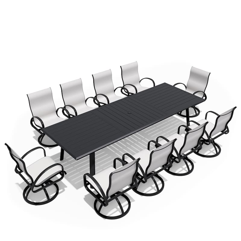 7/9/11-Piece Outdoor All-Weather Aluminum Patio Dining Set Sunbrella Swivel Chair and Dining Table with Umbrella Hole - Augustine Oyster - Set of 11