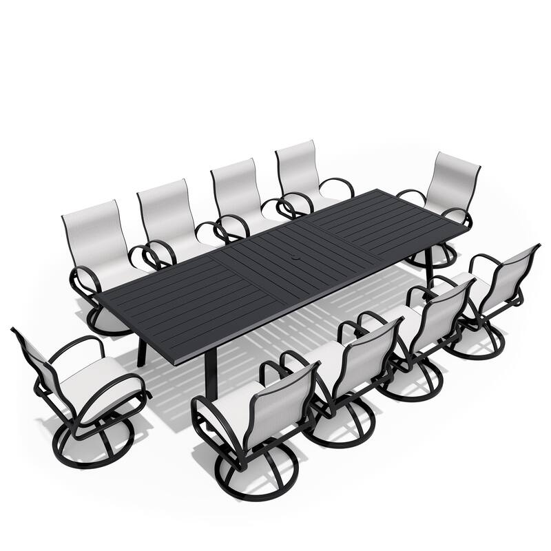 7/9/11-Piece Outdoor Patio Dining Set All-Weather Aluminum Swivel Sunbrella Dining Chairs and Dining Table with Umbrella Hole - Augustine Oyster - Set of 11