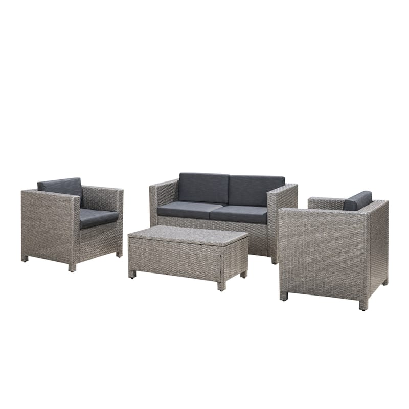 Puerta Outdoor 4-piece Patio Chat Set by Christopher Knight Home - grey wicker with mixed black cushions