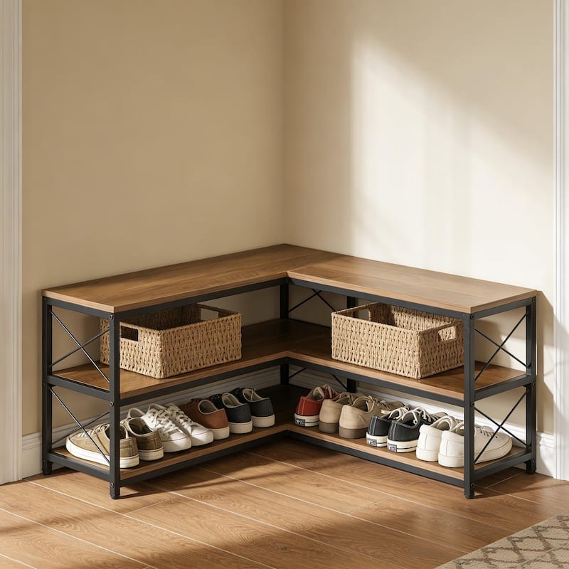 39.4" Corner Bench, 3-Tier L-Shaped Entryway Bench with Shoe Storage - Brown + Black