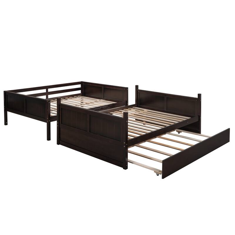 Full Over Full Bunk Bed with Twin Trundle, Espresso Finish, Convertible Design