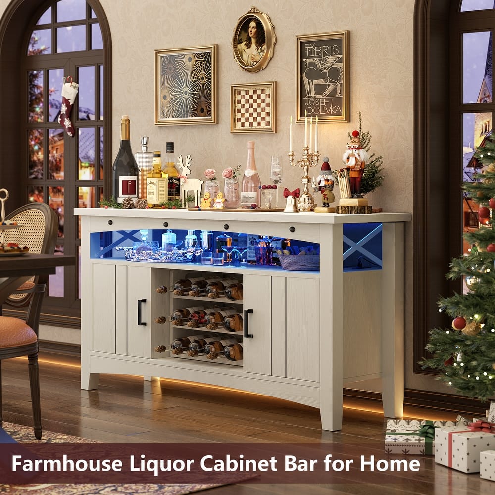 Farmhouse 47" Wine Bar Cabinet with Power Outlets & LED Lights, Industrial Coffee Bar Liquor Cabinet with Shelves & Wine Rack