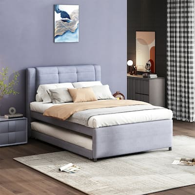 Full Size Platform Bed Frame, Upholstery Daybed with Linen Headboard, Pull-out Trundle w/Slatted Support for Bedroom