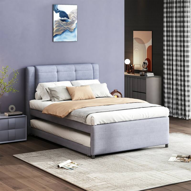 Full Size Upholstered Platform Bed with Adjustable Trundle, Gray
