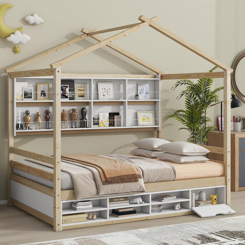 Full House Bed with Roof Frame, Bedside-shelves, Under Bed Storage Unit for Small Space, Living Room, Apartment