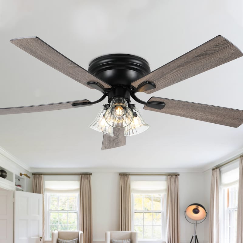 Bella Depot 52" Flush Mount Ceiling Fan with Light and Remote 6-Speed Reversible DC Motor - Black