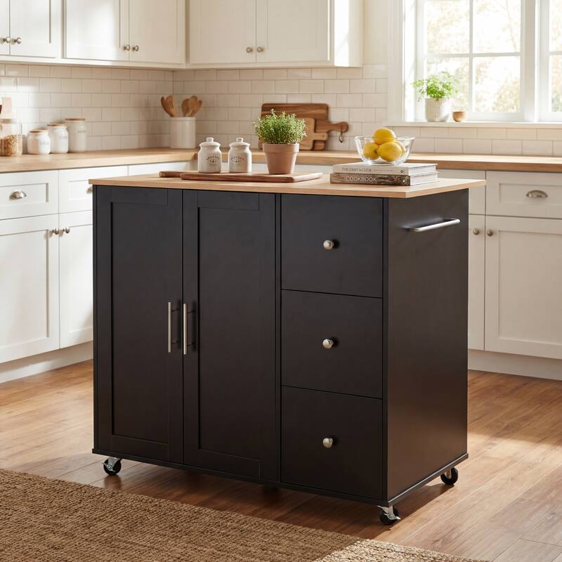 Anmytek Black Rolling Kitchen Cart, 39.76" Mobile Island with Storage, 2 Doors, 3 Drawers and Adjustable Shelf