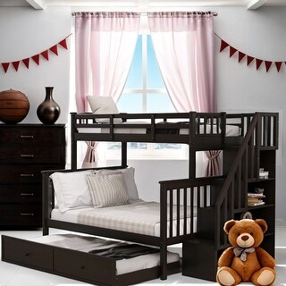 Twin-Over-Full Loft Bed Twin Size Trundle, Storage and Guard Rail for Adults and Children