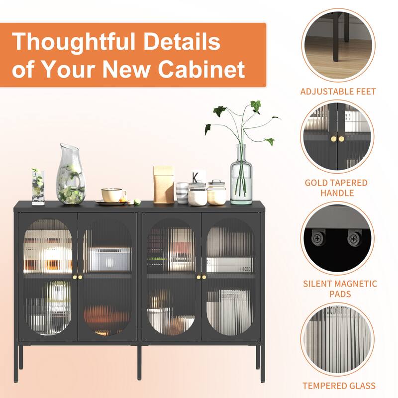 Metal Sideboard Cabinet with 4 Glass Door, Steel Locker Sideboard Buffet Cabinet, Sideboard Buffet Cabinet with 4 Doors