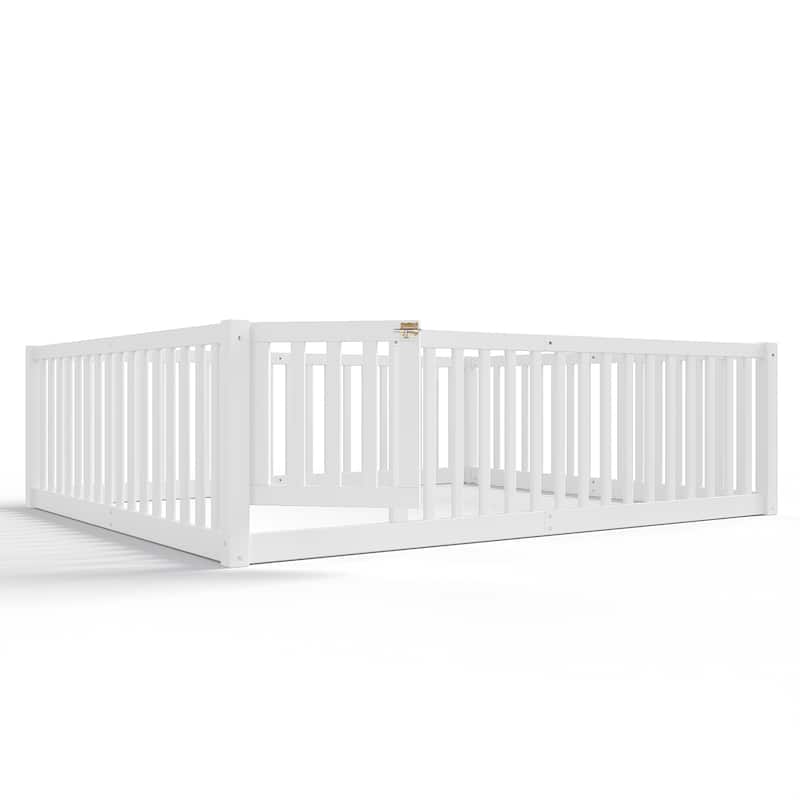 Montessori Floor Bed with Safety Guardrails & Door, Kids Low Profile Frame, Available in Queen/Full/Twin
