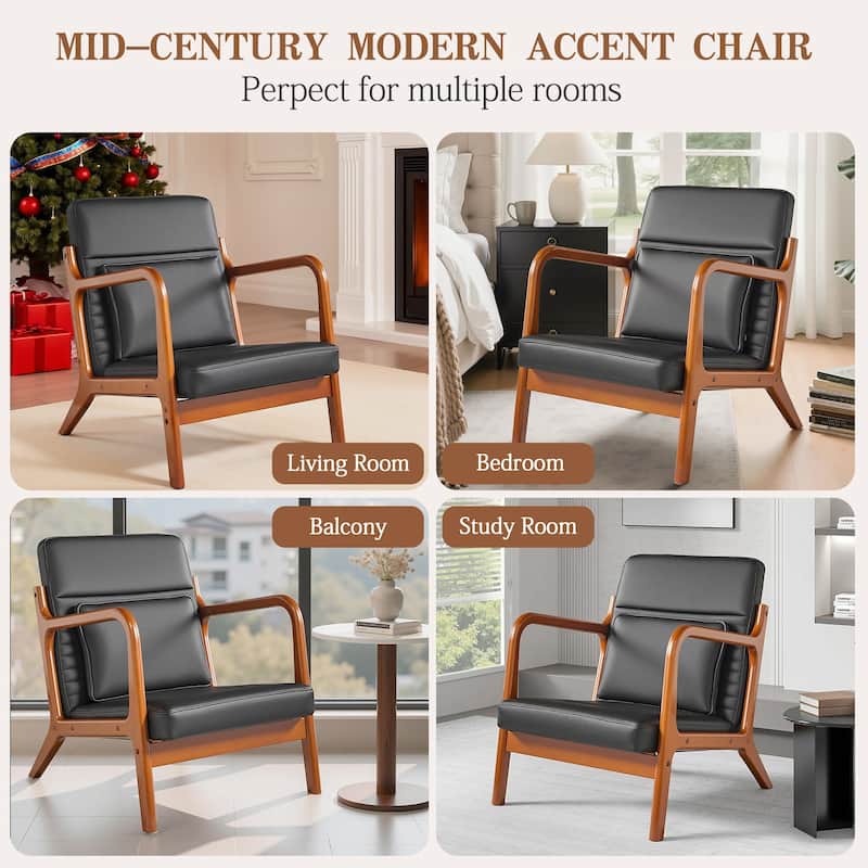 VECELO Black PU Leather Accent Chair Armrests Lounge Chair with Removable Throw Pillow 300lbs Heavy Duty Chair for Living Room