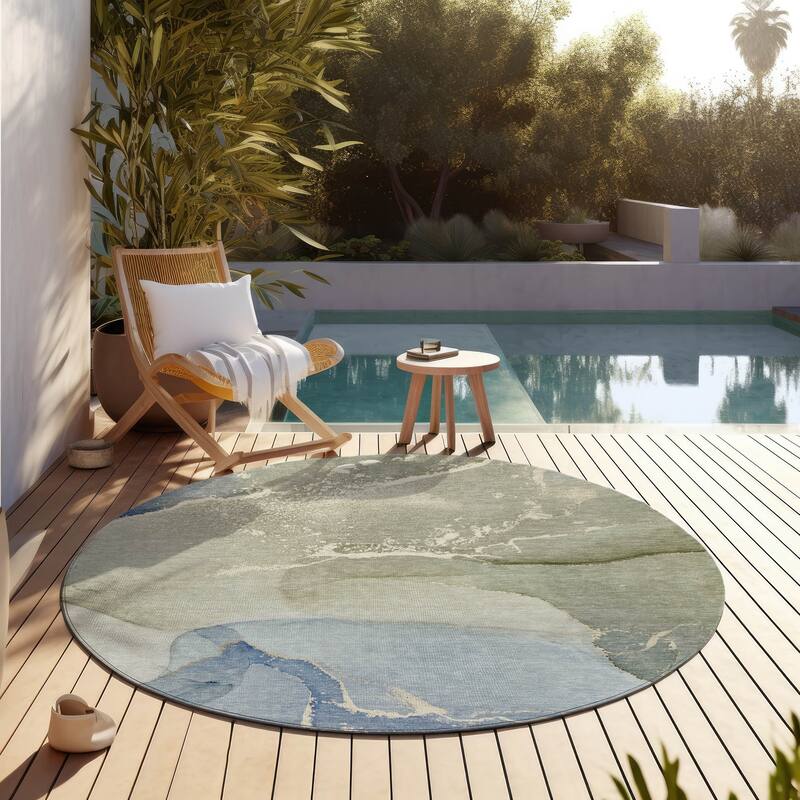 Machine Washable Indoor/ Outdoor Abstract Marble Chantille Rug - Blue - 8' x 8'