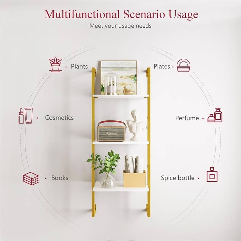 3 Tier Bookshelf Wall Mounted Ladder Shelf - 11.61"D x 16.93"W x 43.31"H