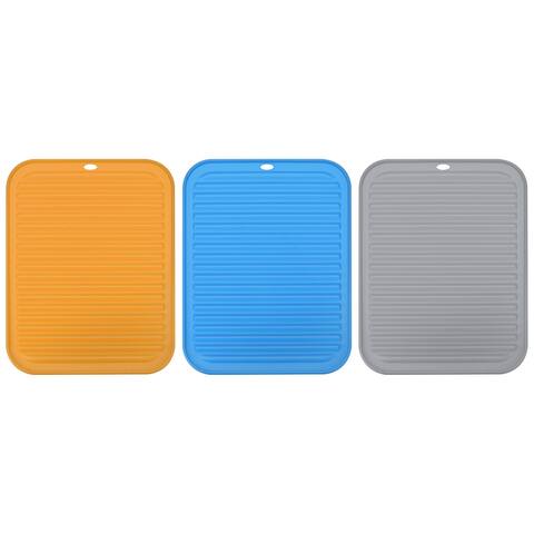 Silicone Dish Drying Mat Set, 3Pcs 12"x9" Drain Pad - Orange Blue Gray - 12 x 9 x 0.24 inch