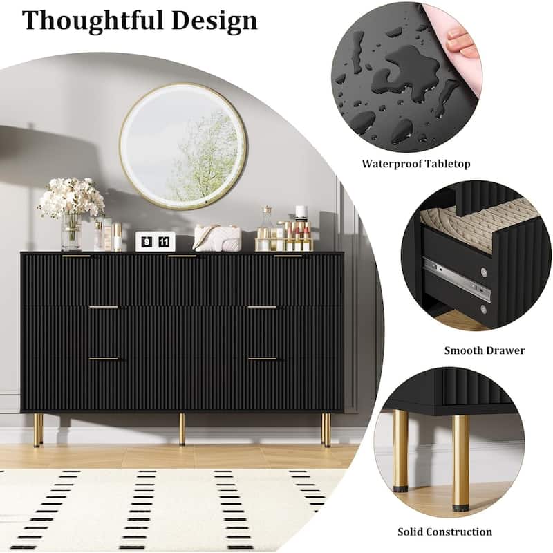 7 Drawer Dresser for Bedroom, Fluted Chest with Gold Handle, Wood Organizer for Closet, Living Room, Hallway